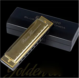 10 hole blues harmonica C key professional instrument(Gold)