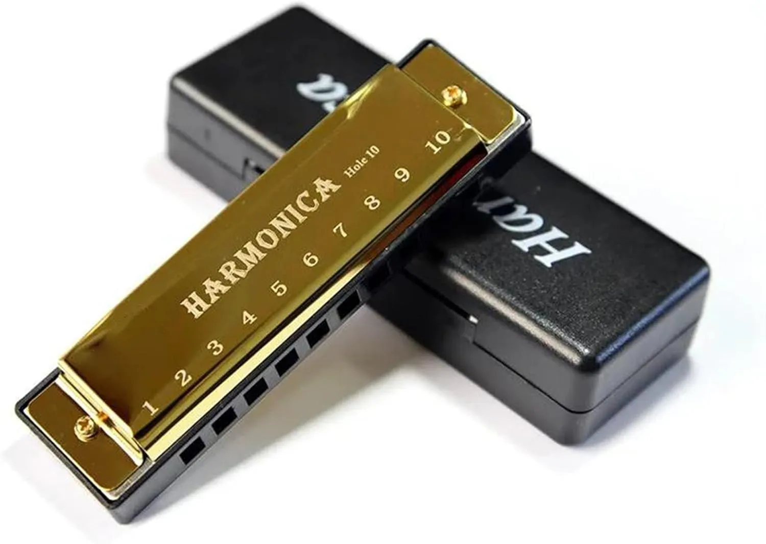 10 Holes Harmonica Wooden Double Row Blowable Harmonica Musical(Gold)