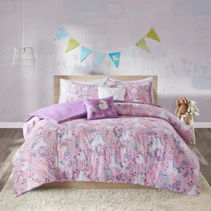 100% Cotton Comforter Set-Fun Print and Vibrant Color Modern Design All Season Cozy Bedding, Matching Shams,Decorative Pillow,Twin/TwinXL,Unicorn Reversible Pink with 2 dec pillows