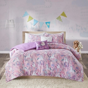 100% Cotton Comforter Set-Fun Print and Vibrant Color Modern Design All Season Cozy Bedding,Matching Shams,Decorative Pillow,Full/Queen,Unicorn Reversible Pink with 2 dec pillows