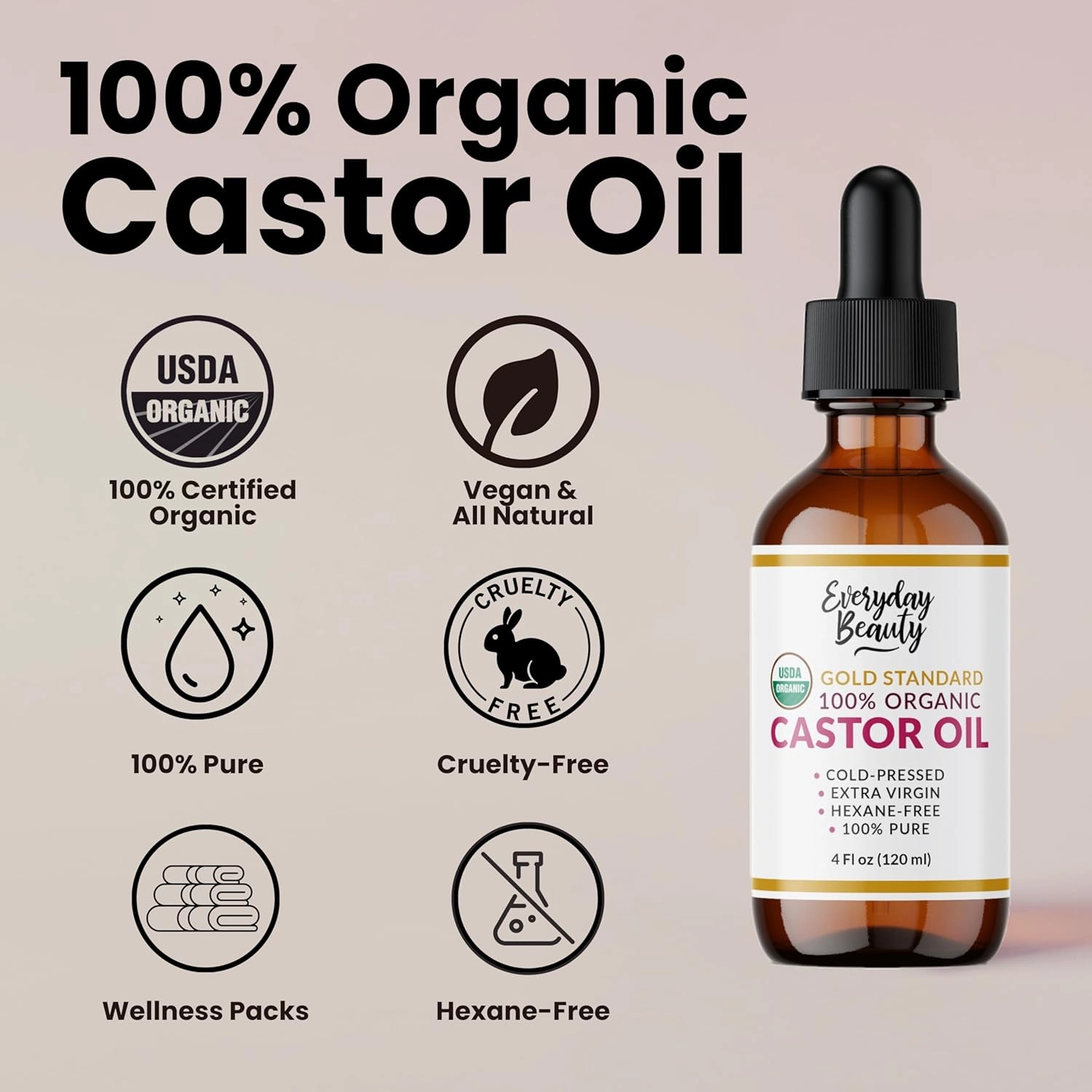 100% Organic Castor Oil - Gold Standard 100% Pure Certified USDA Organic in Glass Bottle & Glass Dropper, Cold Pressed & Hexane-Free, For Lashes, Brows, Hair, Skin & Wellness Packs - 4 Fl Oz
