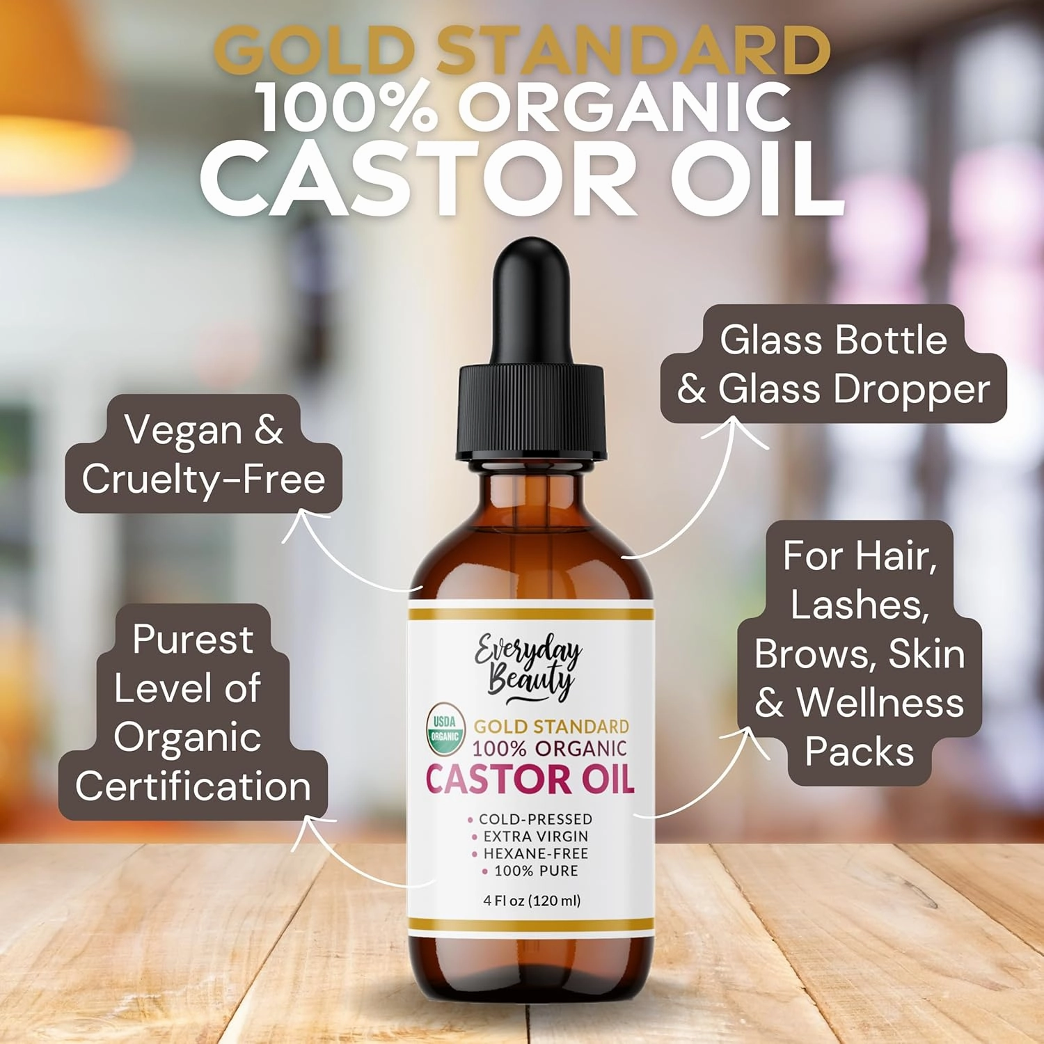 100% Organic Castor Oil - Gold Standard 100% Pure Certified USDA Organic in Glass Bottle & Glass Dropper, Cold Pressed & Hexane-Free, For Lashes, Brows, Hair, Skin & Wellness Packs - 4 Fl Oz