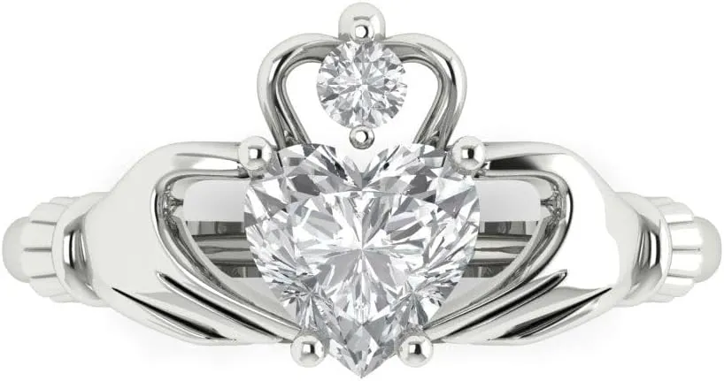 1.06Ct Heart cut Real Lab Created Diamond VS1-2, G-H 18k - Solid White Gold Solitaire Claddagh Promise anniversary Engagement Ring
