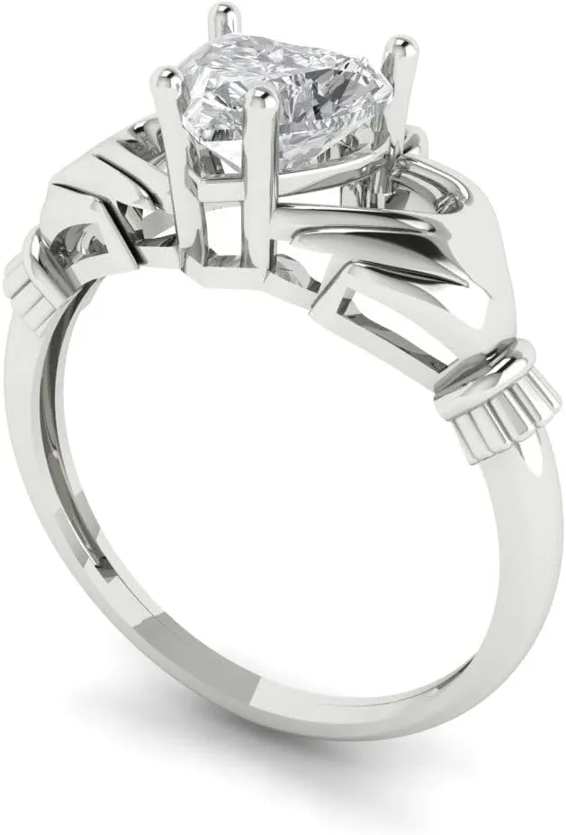 1.06Ct Heart cut Real Lab Created Diamond VS1-2, G-H 18k - Solid White Gold Solitaire Claddagh Promise anniversary Engagement Ring