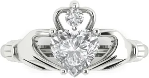 1.06Ct Heart cut Real Lab Created Diamond VS1-2, G-H 18k - Solid White Gold Solitaire Claddagh Promise anniversary Engagement Ring