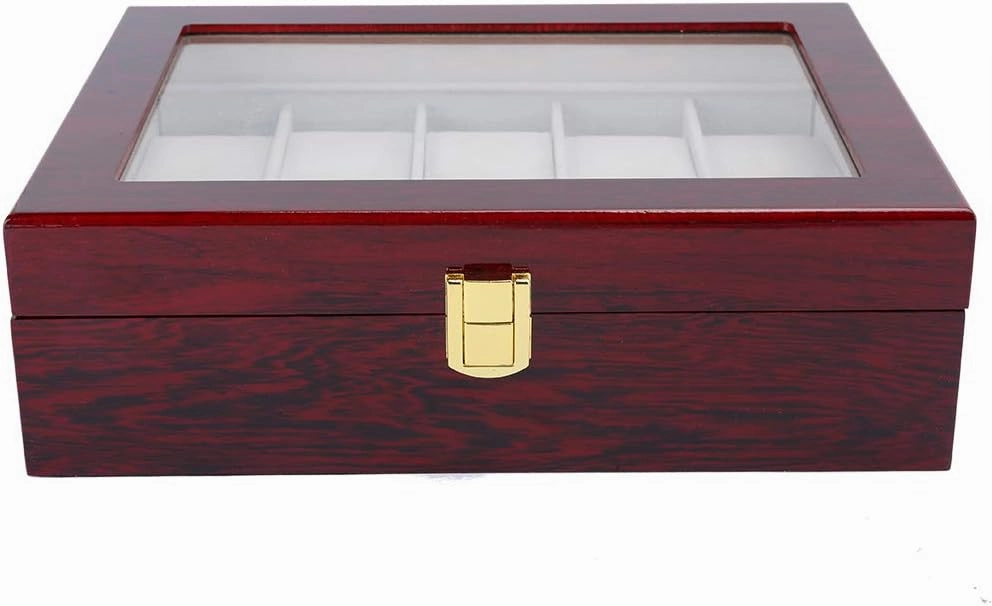 10 - Grid Red Wooden Watch Display Box - Elegant Transparent Window Storage Case, Desk Organizer for Tiny Homes, Bathrooms, and Kitchens