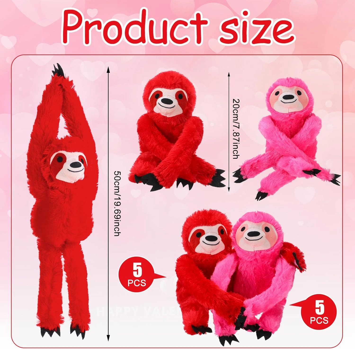 10 Pack Red Pink Hanging Animal for Kids Bulk 19.7 Inch Plush Stuffed Cute Plush Doll with Hand Soft Romantic Toy Furry Stuffed Animal for Wedding Birthday Gift(Sloth)
