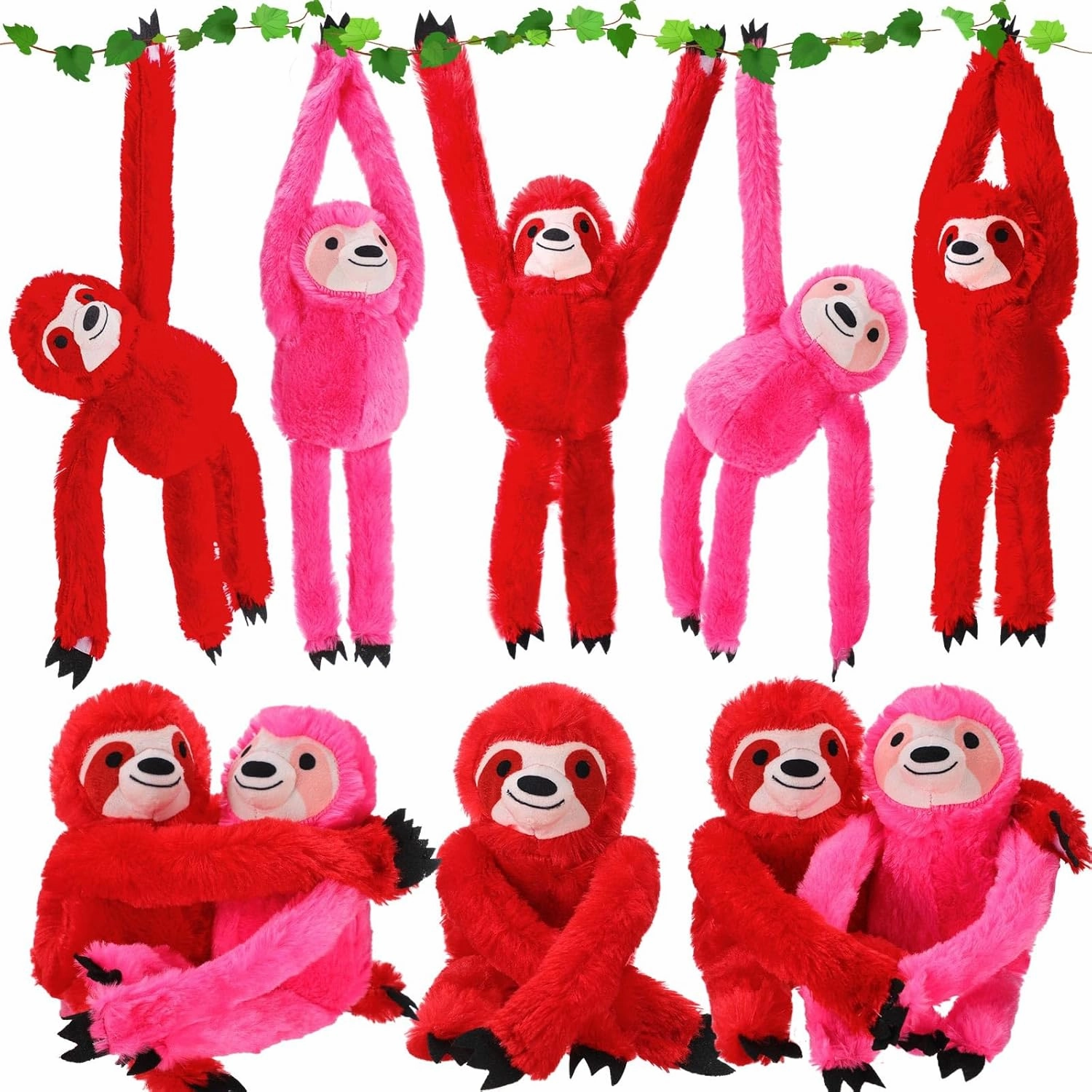 10 Pack Red Pink Hanging Animal for Kids Bulk 19.7 Inch Plush Stuffed Cute Plush Doll with Hand Soft Romantic Toy Furry Stuffed Animal for Wedding Birthday Gift(Sloth)