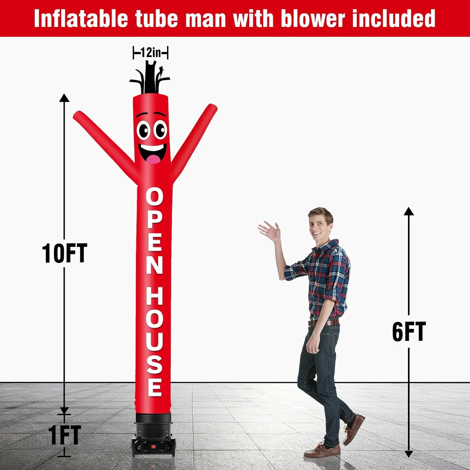 10FT Tall Inflatable Tube Man Open House Wacky Wavy Dancing Guy with 3/4 HP Weather-Resistant Blower (12''Diameter) for Outdoor Decoration Advertising Business Promotion - Red
