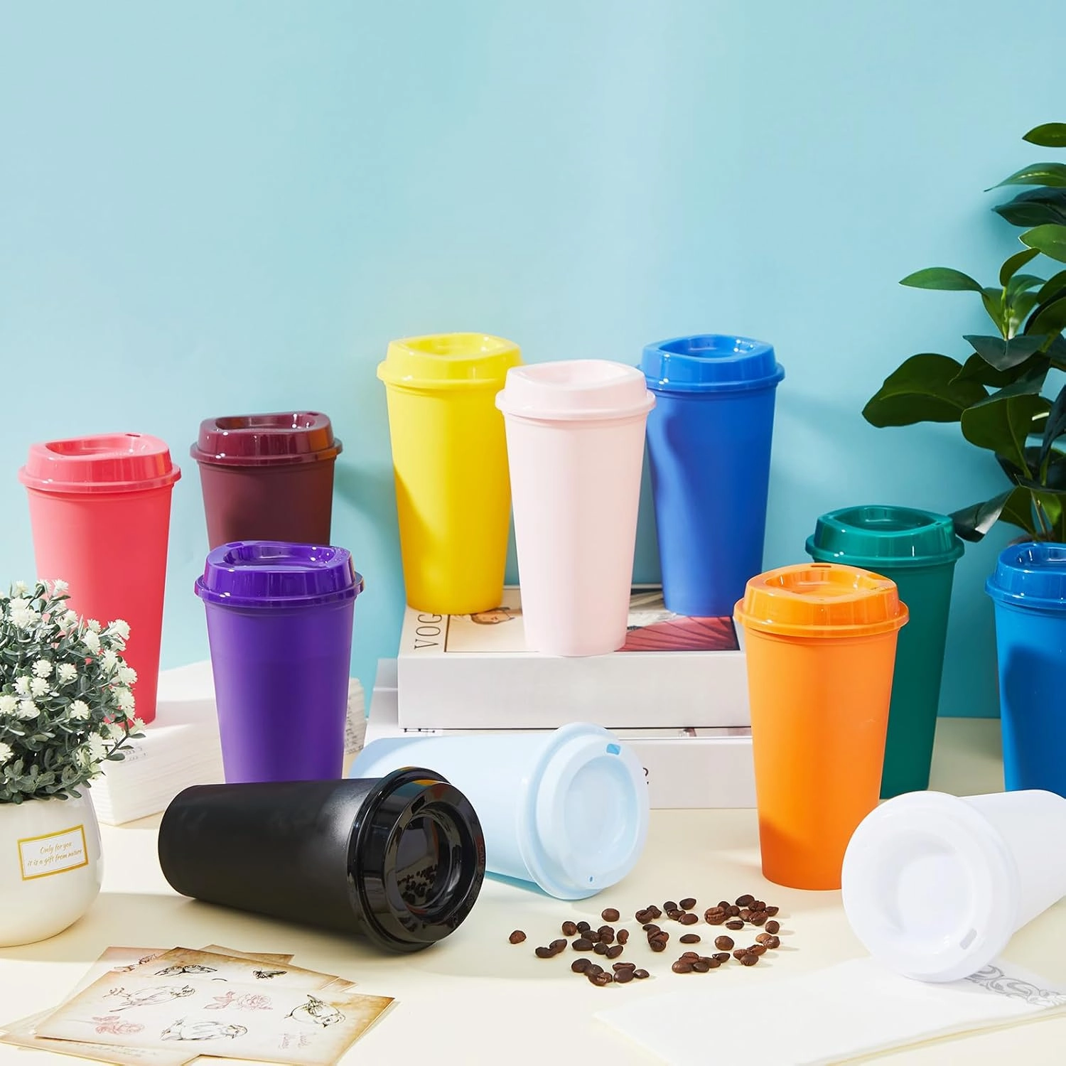 12 Pcs Reusable Coffee Cups with Lids 16 oz Travel Hot Cups Microwavable Plastic Tumblers Coffee Mugs for Hot and Cold Drinks(Bright Colors,12 Pcs)