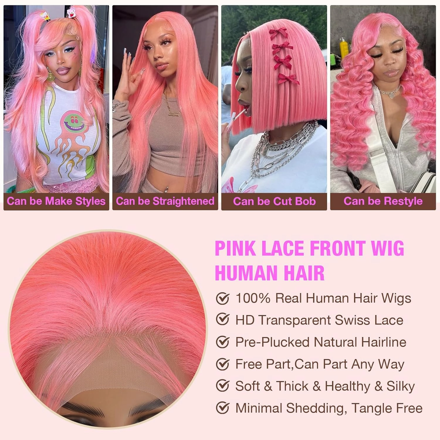 13x6 Pink Lace Front Wig Human Hair Pink Wigs for Women Body Wave 13x6 Hd Lace Frontal Wigs Glueless Pre Plucked with Baby Hair(32Inch)