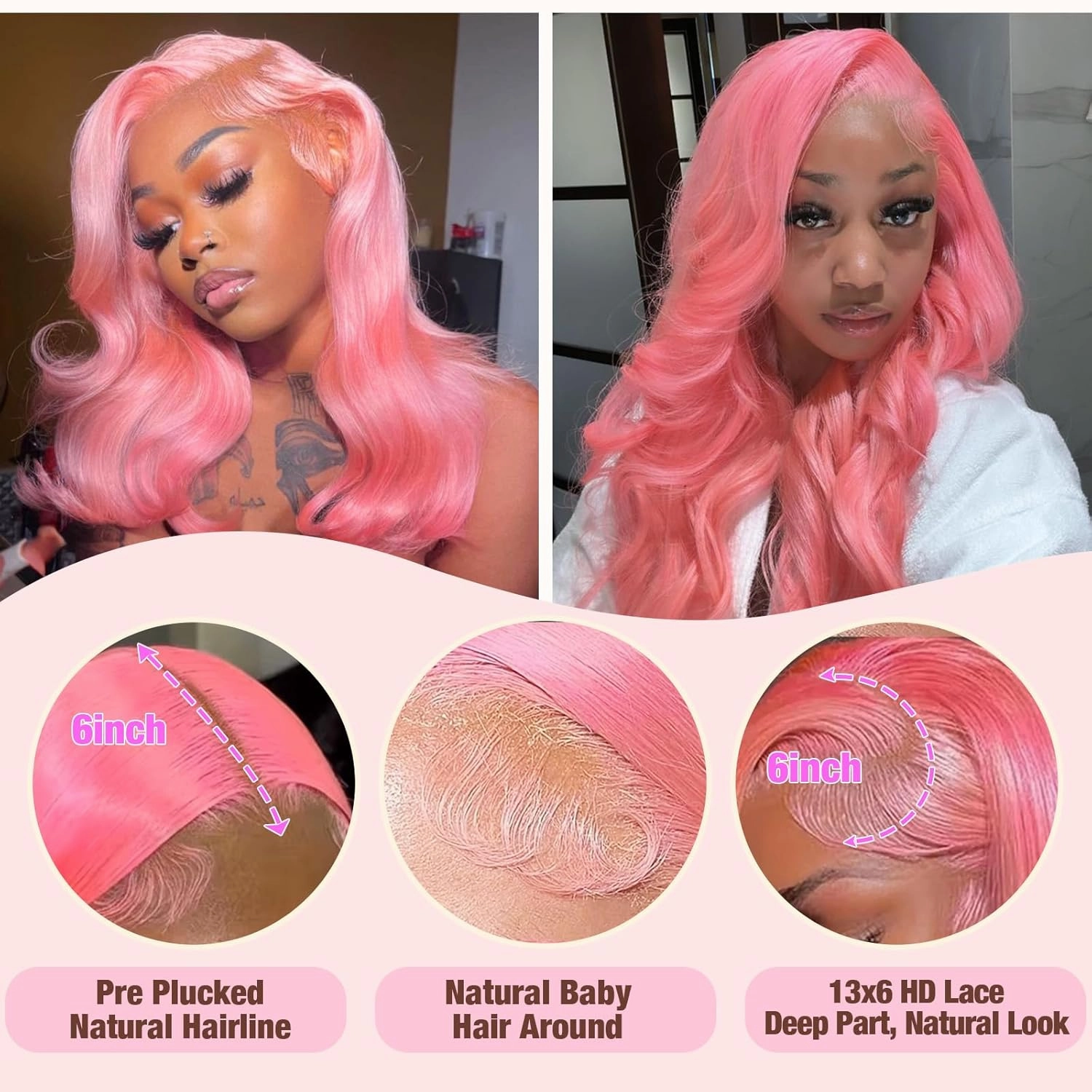13x6 Pink Lace Front Wig Human Hair Pink Wigs for Women Body Wave 13x6 Hd Lace Frontal Wigs Glueless Pre Plucked with Baby Hair(32Inch)