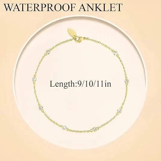 14K Gold Anklets for Women Non Tarnish 1/5 Carat Diamond Ankle Bracelets Waterproof Anklet Bracelet for Womens Box Station Chain Design Jewelry 3 Sizes 9/10/11in