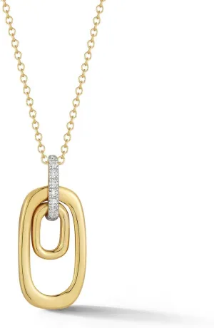 14K Yellow Gold Open Ellipse Pendant Necklace with 0.08 ct. tw. Pave Diamond Accents, 16" Rolo Chain, Polished Finish, Fine Jewelry for Women