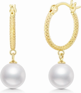 14k Gold Diamond-Cut Hoop Freshwater Cultured Pearl Earrings for Women