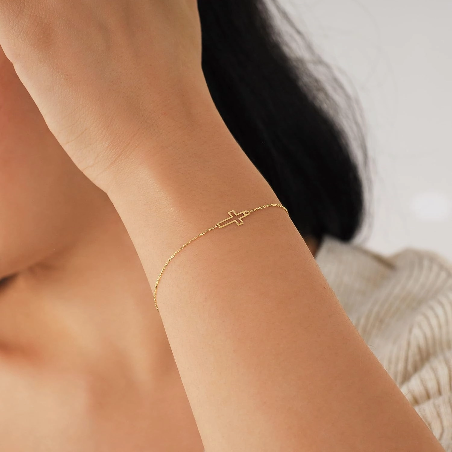 14K Gold Plated Cross Bracelet for Women, Bracelets, Real Gold Sideways Adjustable Cross Bracelet for Women, Christian Baptism Gift
