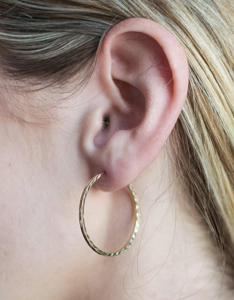 14K Yellow or White Gold Diamond Cut Square Tube Continuous Endless Hoop Earrings, 15-60mm (1.35mm Tube)