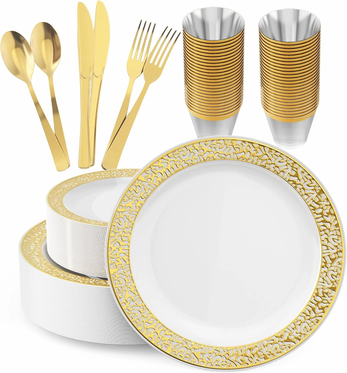 150 Count Gold Plastic Dinnerware Set, Elegant Disposable Include: 25 Gold Lace Plastic Plates, 25 Dessert Plates, 25 Forks, 25 Knives, 25 Spoons, 25 Cup, Ideal for Party, Birthday