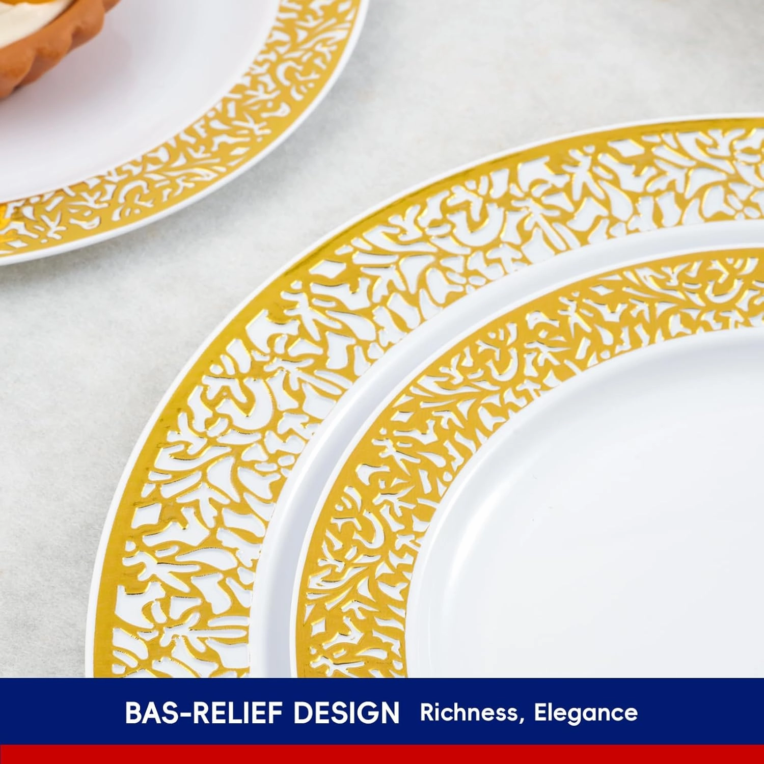 150 Count Gold Plastic Dinnerware Set, Elegant Disposable Include: 25 Gold Lace Plastic Plates, 25 Dessert Plates, 25 Forks, 25 Knives, 25 Spoons, 25 Cup, Ideal for Party, Birthday