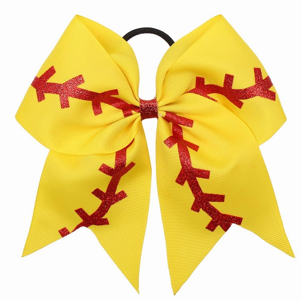 16PCS 8" Large Cheer Hair Bows Ponytail Holder Elastic Band Handmade for Cheerleading Teen Girls College Sports (16 Pcs) (Baseball Yellow)