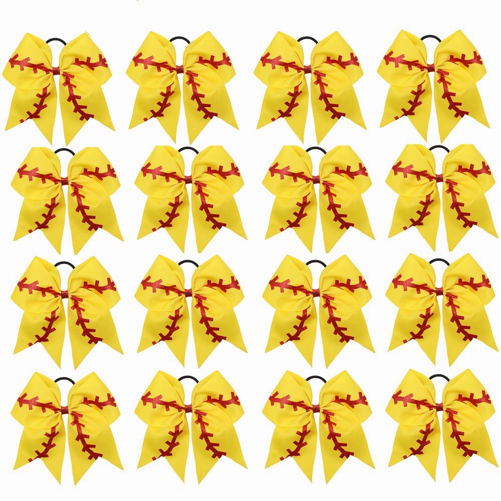 16PCS 8" Large Cheer Hair Bows Ponytail Holder Elastic Band Handmade for Cheerleading Teen Girls College Sports (16 Pcs) (Baseball Yellow)