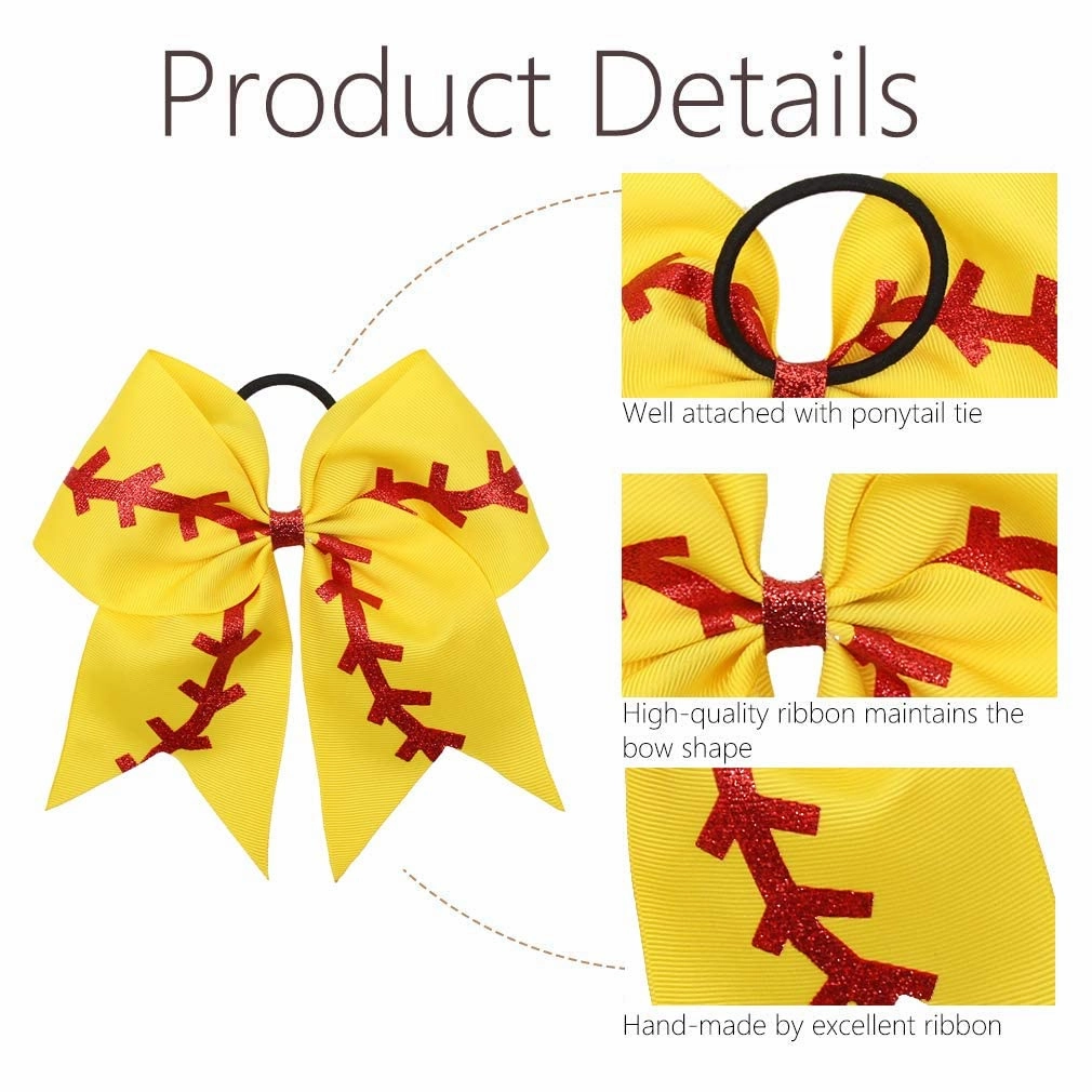 16PCS 8" Large Cheer Hair Bows Ponytail Holder Elastic Band Handmade for Cheerleading Teen Girls College Sports (16 Pcs) (Baseball Yellow)
