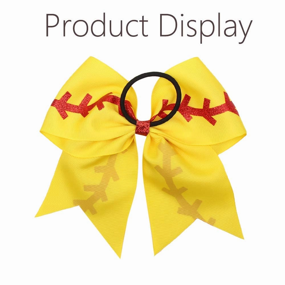 16PCS 8" Large Cheer Hair Bows Ponytail Holder Elastic Band Handmade for Cheerleading Teen Girls College Sports (16 Pcs) (Baseball Yellow)