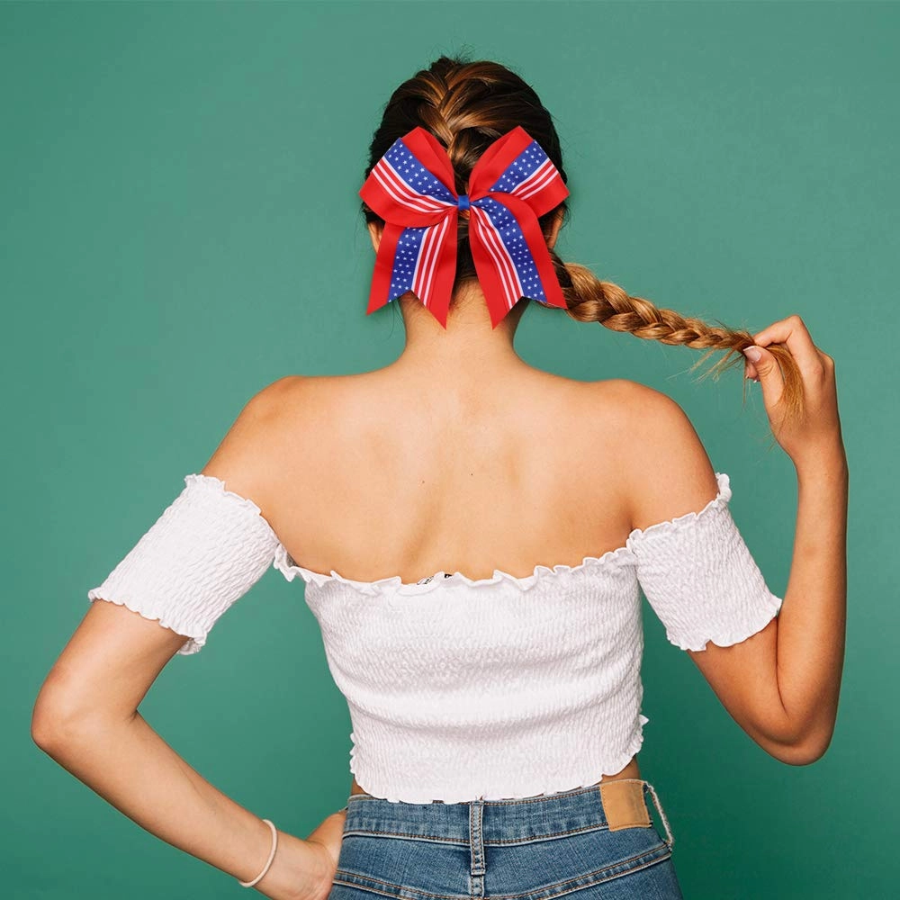 16PCS 8" Large Cheer Hair Bows Ponytail Holder Elastic Band Handmade for Cheerleading Teen Girls College Sports (16 Pcs) (Flag Red)