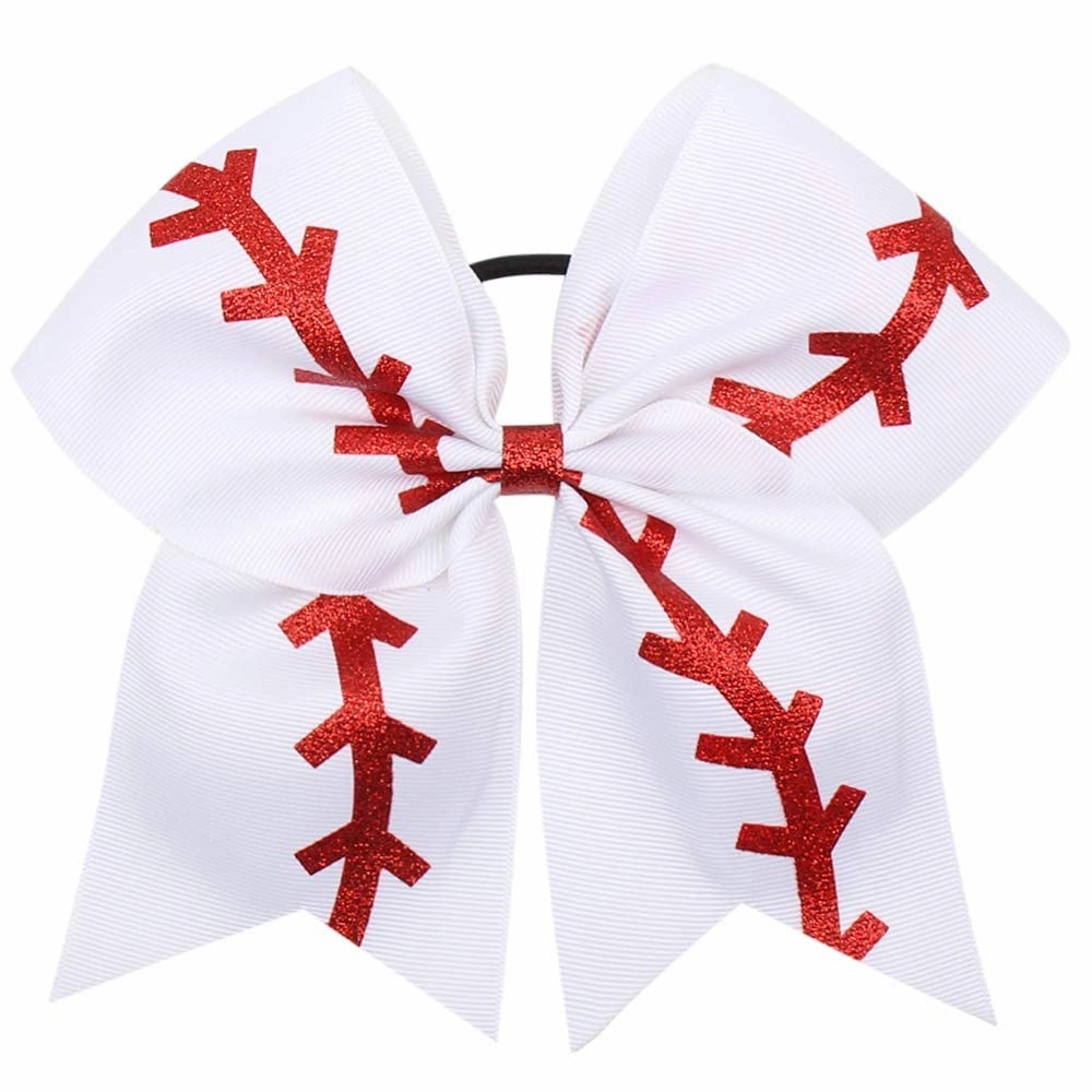 16PCS 8" Large Cheer Hair Bows Ponytail Holder Elastic Band Handmade for Cheerleading Teen Girls College Sports (Baseball White, 16 Count (Pack of 1))