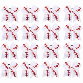 16PCS 8" Large Cheer Hair Bows Ponytail Holder Elastic Band Handmade for Cheerleading Teen Girls College Sports (Baseball White, 16 Count (Pack of 1))
