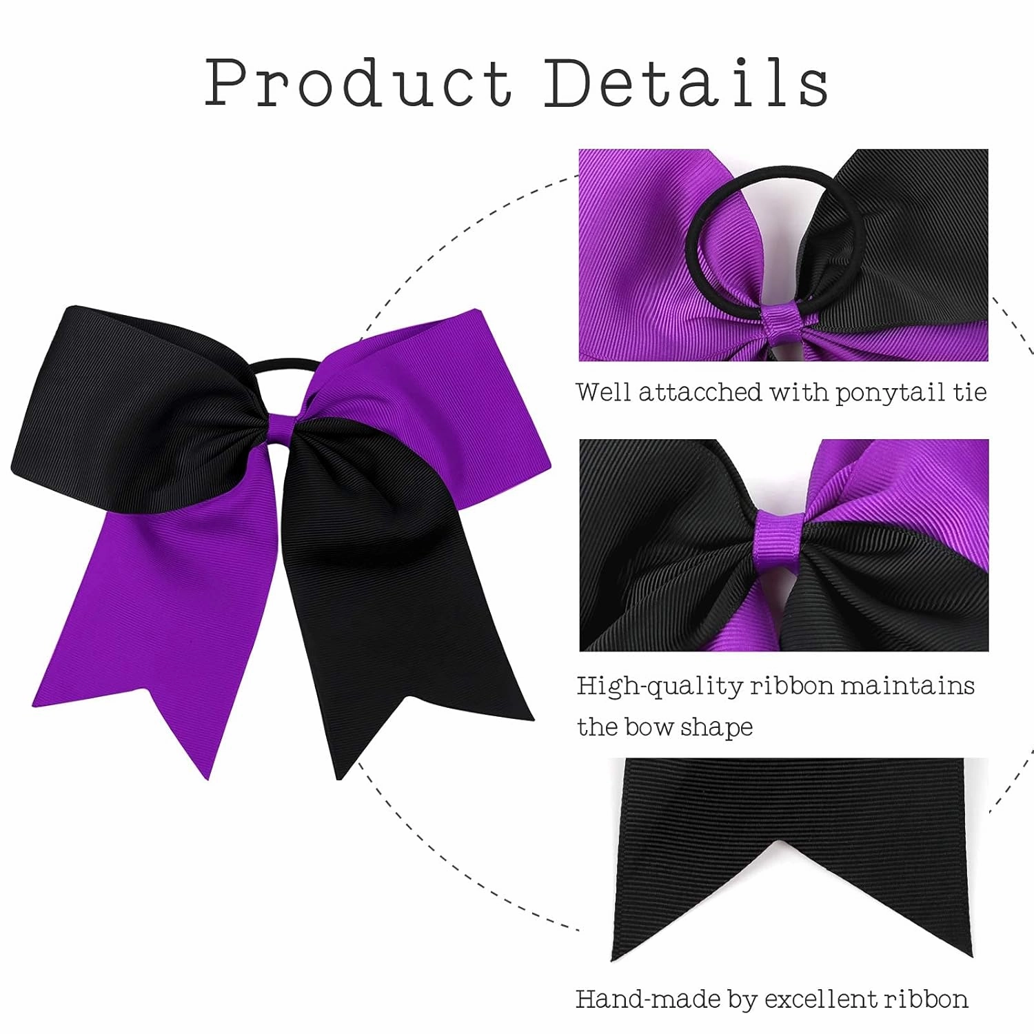16PCS 8" Large Cheer Hair Bows Ponytail Holder Elastic Band Handmade for Cheerleading Teen Girls College Sports (Black/Purple, 16 Count (Pack of 1))