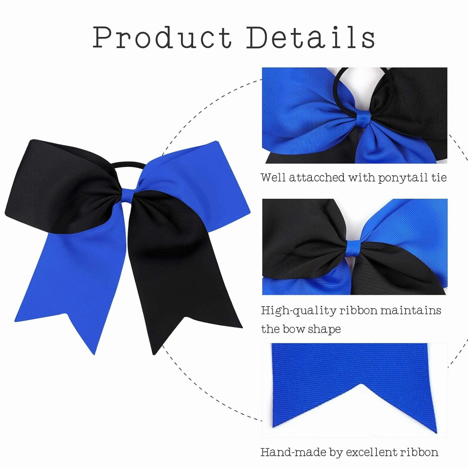 16PCS 8" Large Cheer Hair Bows Ponytail Holder Elastic Band Handmade for Cheerleading Teen Girls College Sports (Black/Royal, 16 Count (Pack of 1))
