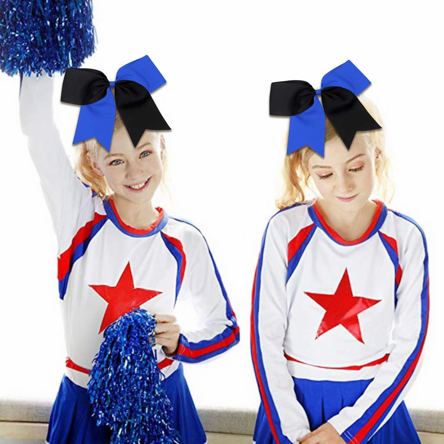 16PCS 8" Large Cheer Hair Bows Ponytail Holder Elastic Band Handmade for Cheerleading Teen Girls College Sports (Black/Royal, 16 Count (Pack of 1))