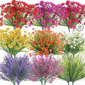 18 Bundles Artificial Flowers for Outdoors, UV Resistant Realistic Fake Spring Summer Flowers with Plastic Faux Shrubs Plants for Outside Garden Patio Porch Window Box Planters Hanging Basket Decor