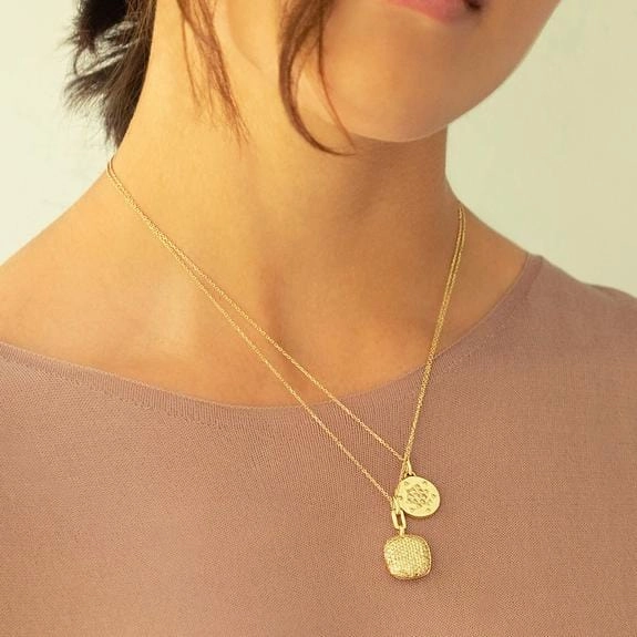 18K Yellow Gold Engravable Champagne Diamond Disc Necklace