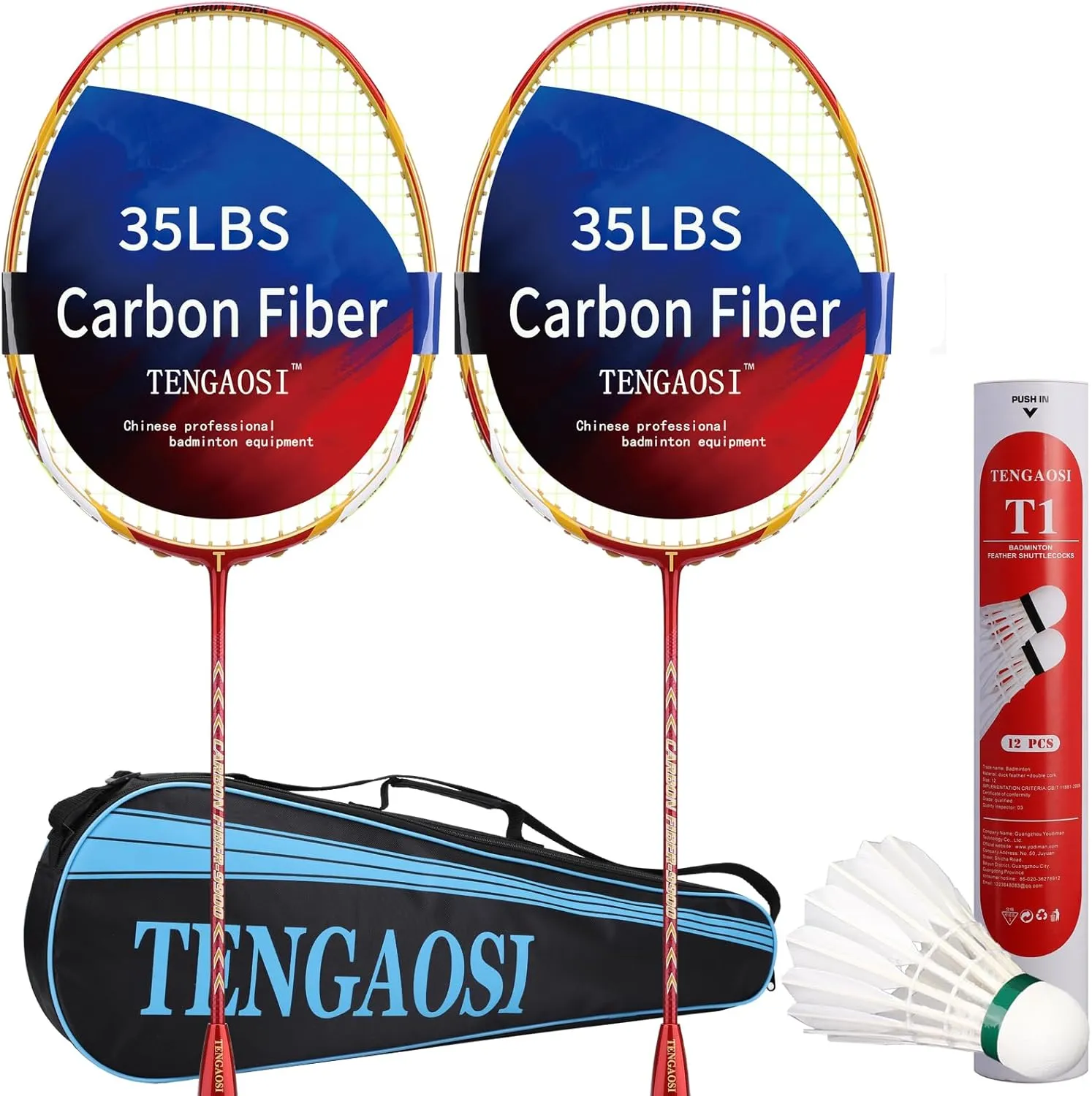 2 Player Graphite Badminton Racket Set - Including 1 Badminton Bag/1 Rackets/2 Feather Shuttlecocks/12