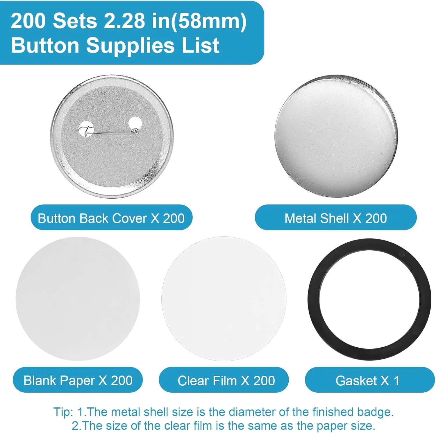200 Set 2.28 Inch Button Maker Supplies, 58mm Approx. 2.25 In Metal Blank Button Badge Parts with Blank Paper& Clear Film for Button Maker Machine, Pin Maker, and Badge Press