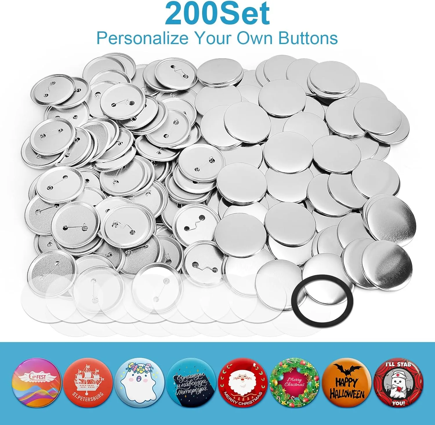 200 Set 2.28 Inch Button Maker Supplies, 58mm Approx. 2.25 In Metal Blank Button Badge Parts with Blank Paper& Clear Film for Button Maker Machine, Pin Maker, and Badge Press