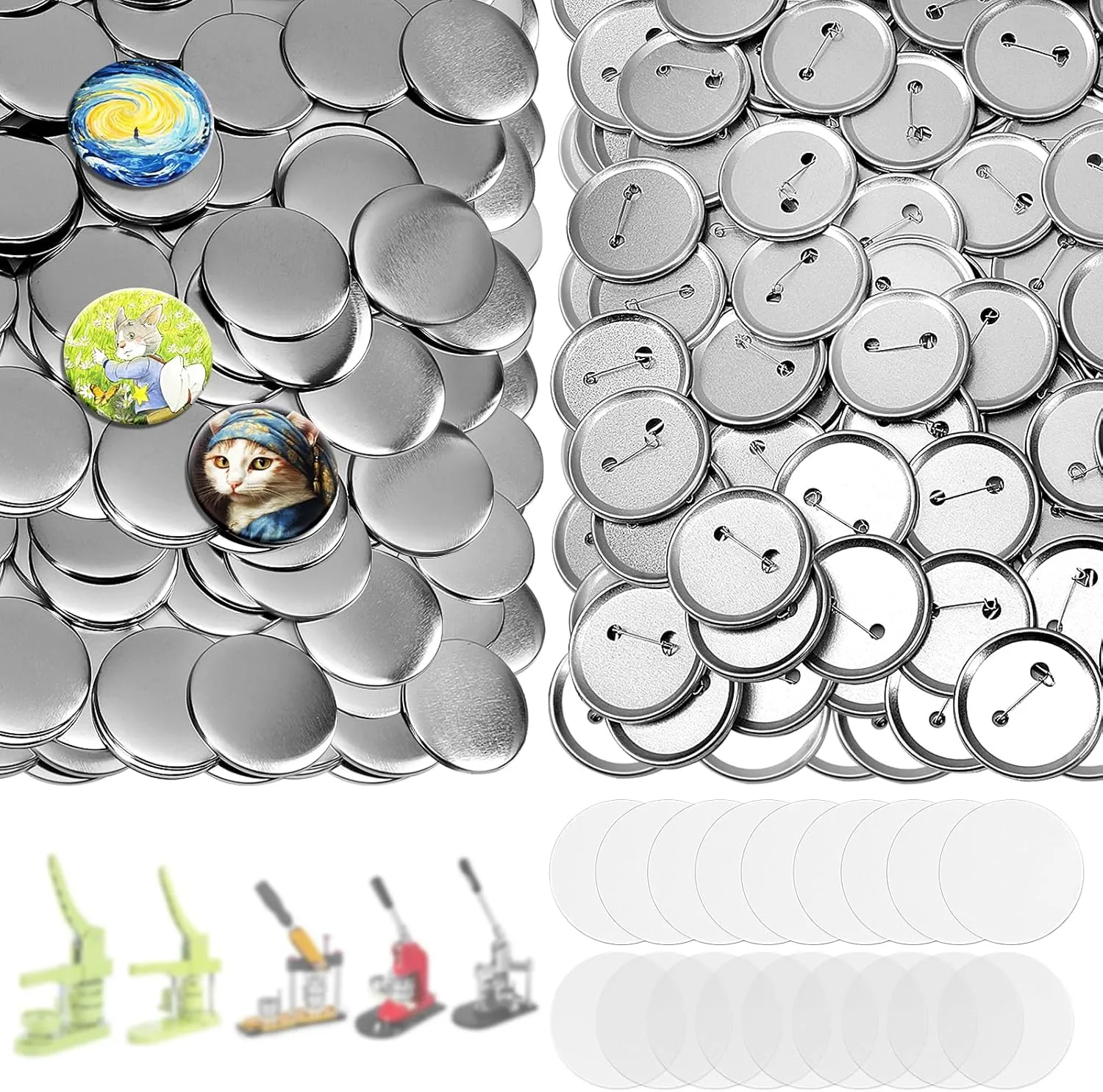 200 Set 2.28 Inch Button Maker Supplies, 58mm Approx. 2.25 In Metal Blank Button Badge Parts with Blank Paper& Clear Film for Button Maker Machine, Pin Maker, and Badge Press