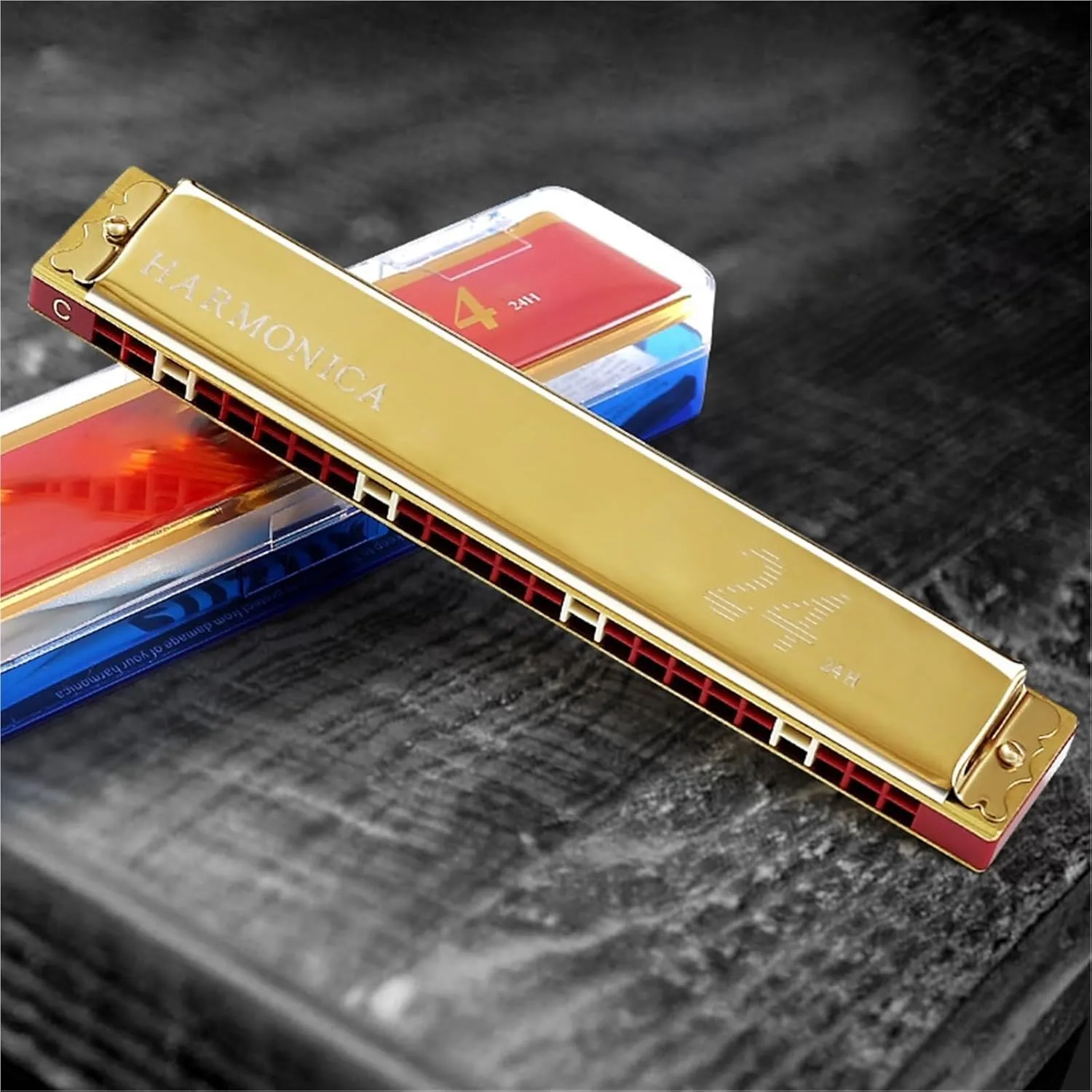 24 Hole Polyphonic C Harmonica For Professional Practice And Performance(Gold)
