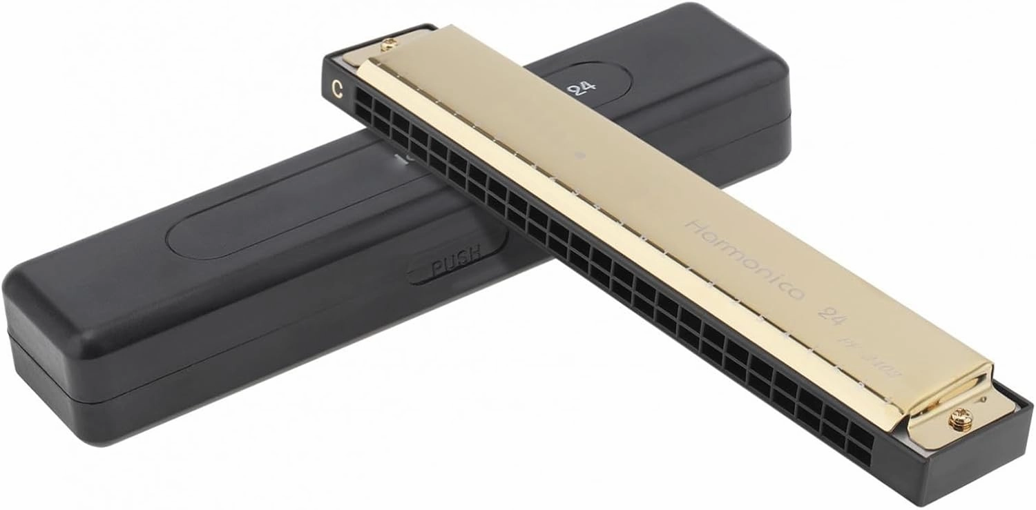 24 Holes KeyC Gold Tremolo Harmonica 8K Titanium Harp Mouth Organ Musical Instrument