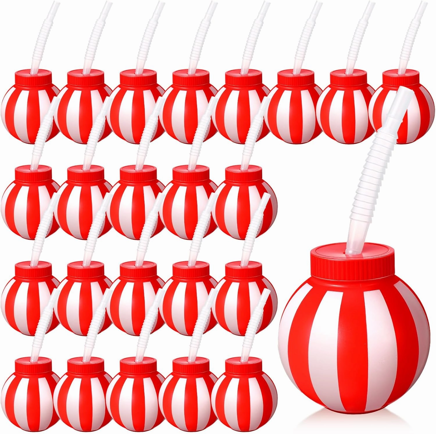 24 Sets Circus Theme Party Decorations 10 oz Circus Ball Cups with Straws and Lids Carnival Decorations Red and White Carnival Cups for Party