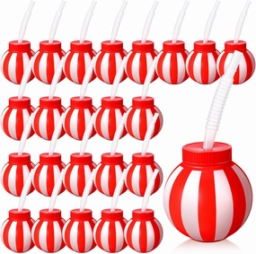 24 Sets Circus Theme Party Decorations 10 oz Circus Ball Cups with Straws and Lids Carnival Decorations Red and White Carnival Cups for Party