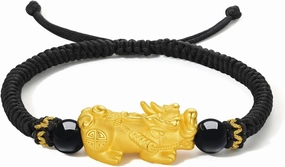 24K Gold Bracelets Feng Shui Black Agate Natural Stone Pixiu Charm Braided Link Bracelet Healing Gemstone Jewelry Dainty Jewelry for Men Father Anniversary Birthday
