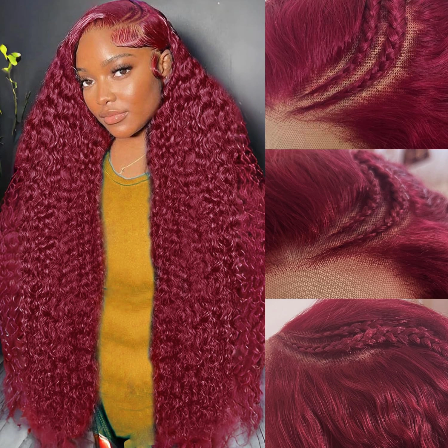 250% Density 13X4 99j Burgundy Lace Front Wigs Human Hair 13x4 Braided Wigs For Black Women HD Curly Human Hair Wig 13X4 Deep Wave Lace Front Wigs Human Hair with Baby Hair Burgundy Wig Human Hair