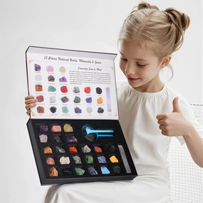 25 PCS Natural Rocks, Minerals & Gems Collection Kit for Kids, Real Crystals Quartz Kit with Learning Guide, STEM Geology Science Toys, Educational Gifts for Boys & Girls