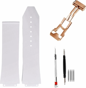 25mm 19mm 22mm Rubber Watch Strap for Hublot Big Bang-White Linear Texture Soft Silicone with Rose Gold Buckle