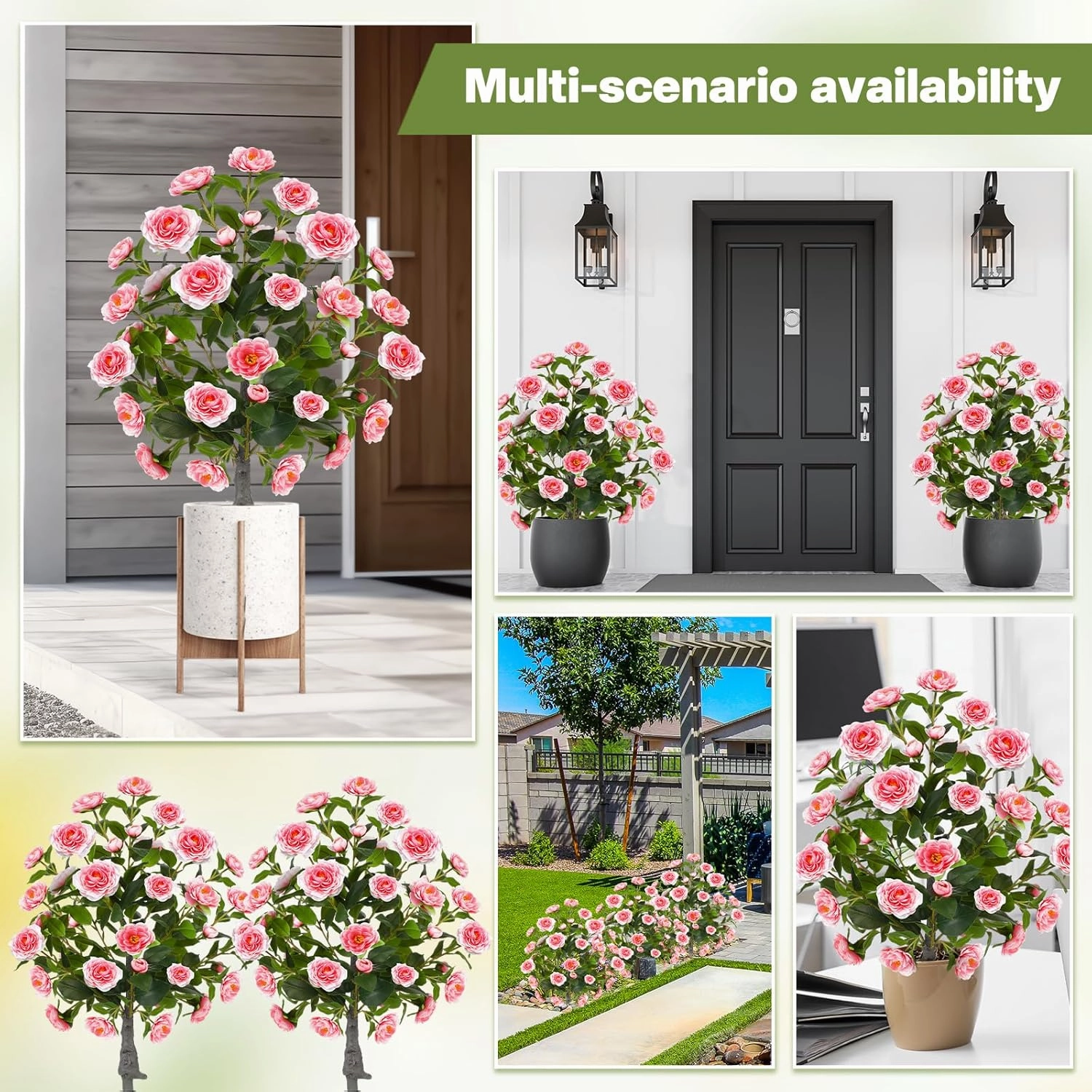 2 Pack 36" Artificial Camellia Tree Plants 3ft Faux Camellia Flower with Spike UV Resistant Fake Floral Blooming Bush for Indoor Outdoor Wedding Front Door Porch Garden Backyard Garden(Pink)