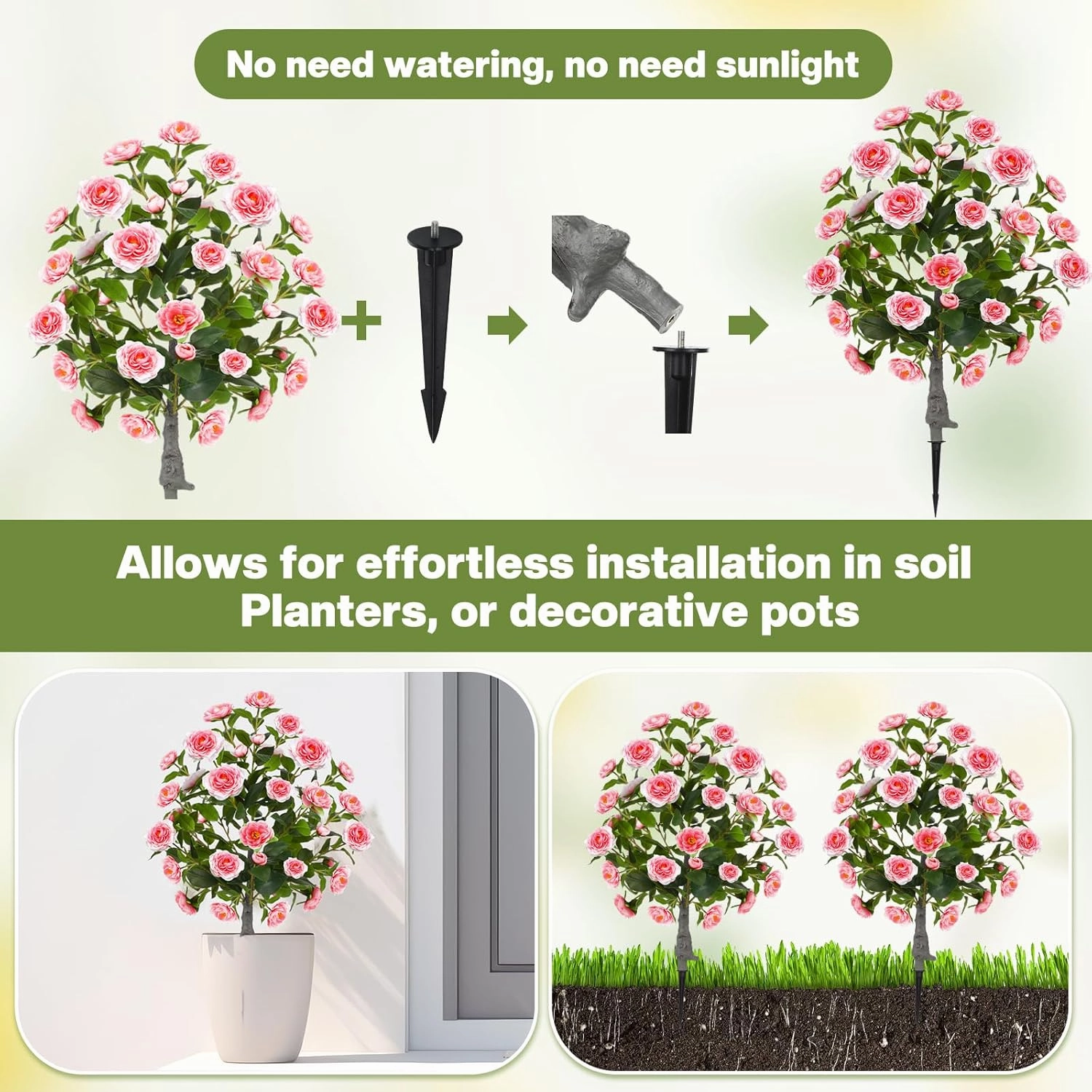2 Pack 36" Artificial Camellia Tree Plants 3ft Faux Camellia Flower with Spike UV Resistant Fake Floral Blooming Bush for Indoor Outdoor Wedding Front Door Porch Garden Backyard Garden(Pink)