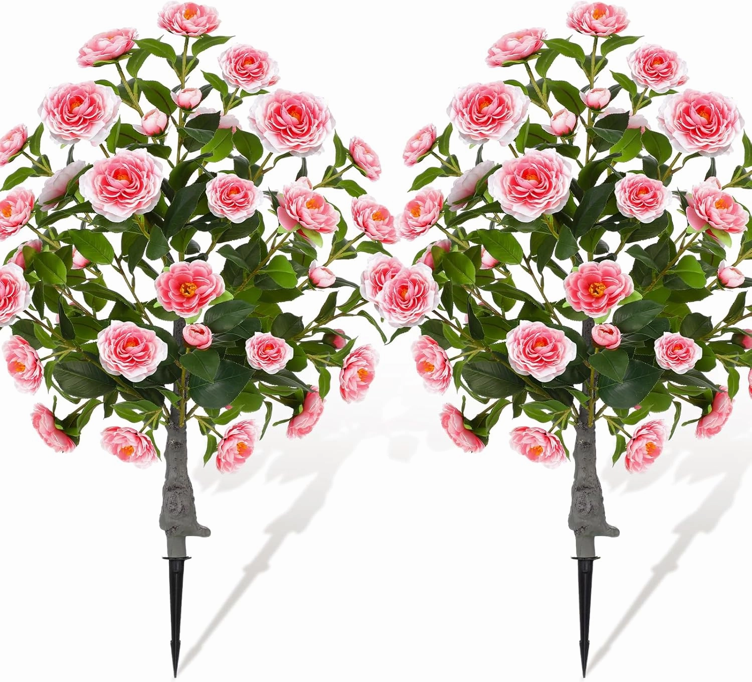 2 Pack 36" Artificial Camellia Tree Plants 3ft Faux Camellia Flower with Spike UV Resistant Fake Floral Blooming Bush for Indoor Outdoor Wedding Front Door Porch Garden Backyard Garden(Pink)